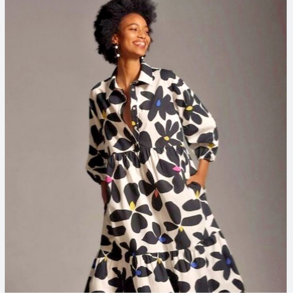 Anthropologie Maeve Black and White Floral Bettina shirt dress - Picture 5 of 6